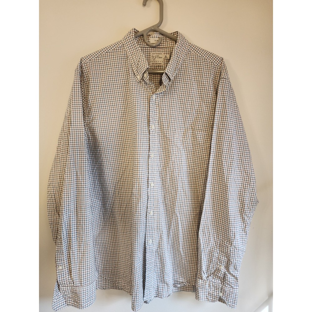 J.Crew Secret Wash Shirting Men XL Slim Brown Navy Windowpane Check Button Up